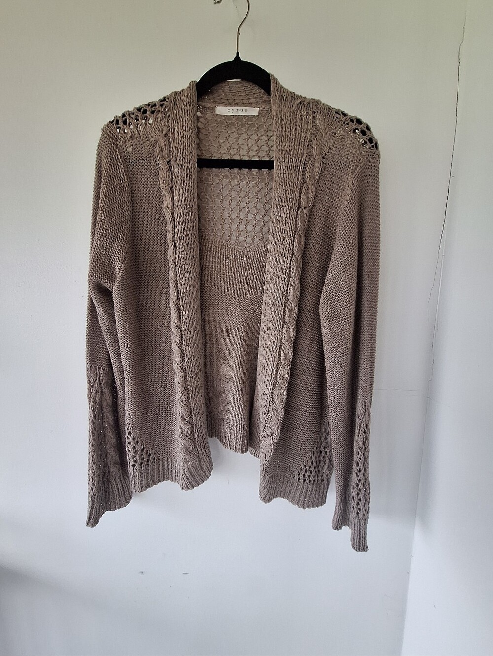 Cyrus Taupe Open Front Cardigan Sweater Knit Cable Pointelle Medium